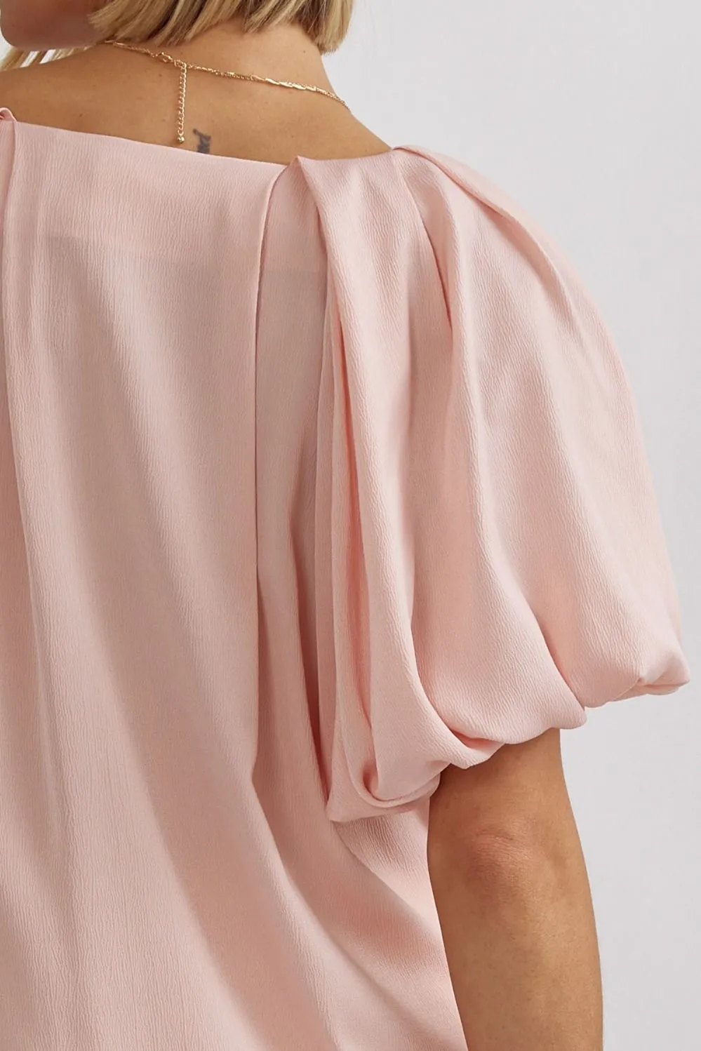 Solid Satin V-Neck Bubble Sleeve Top