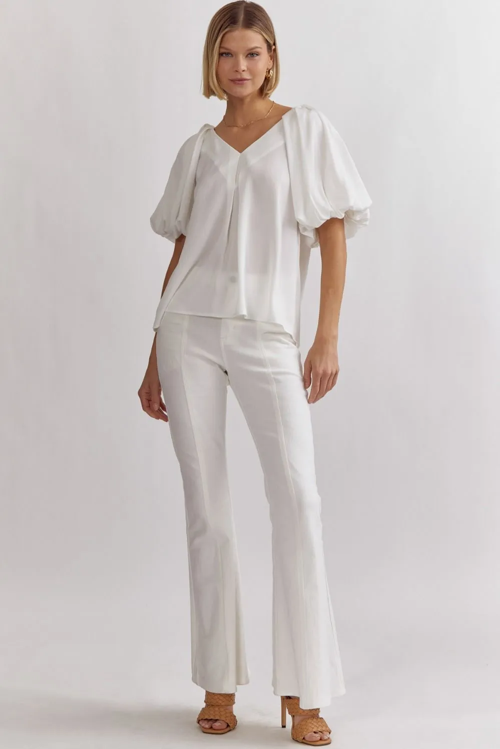 Solid Satin V-Neck Bubble Sleeve Top