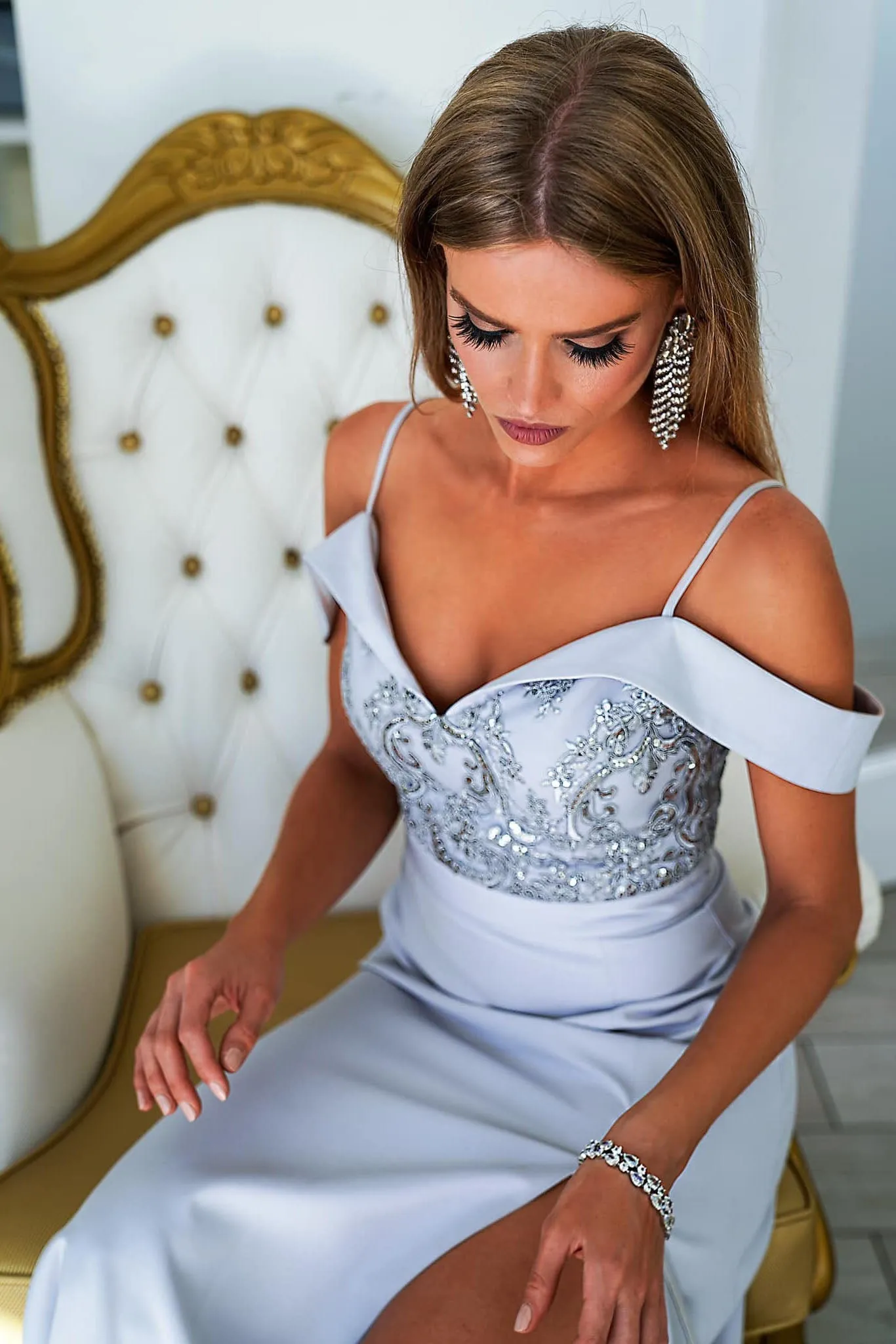 Sparkle A Line Off The Shoulder Long Satin Prom Dress Evening Dress OHC463