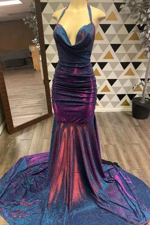Sparkly Mermaid V Neck Sweep Train Sequins Long Satin Prom Dresses Long Evening Dress OHC506