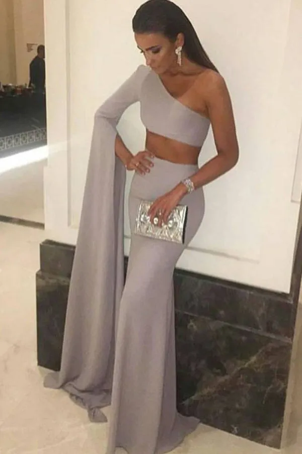 Special Two Piece One Shoulder Long Sleeves Floor Length Grey Mermaid Prom Dress LPD048