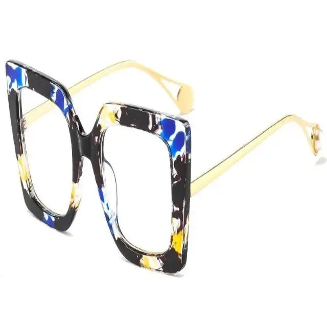 Square eyeglass frames, luxurious design for women, large size clear lenses, fashionable