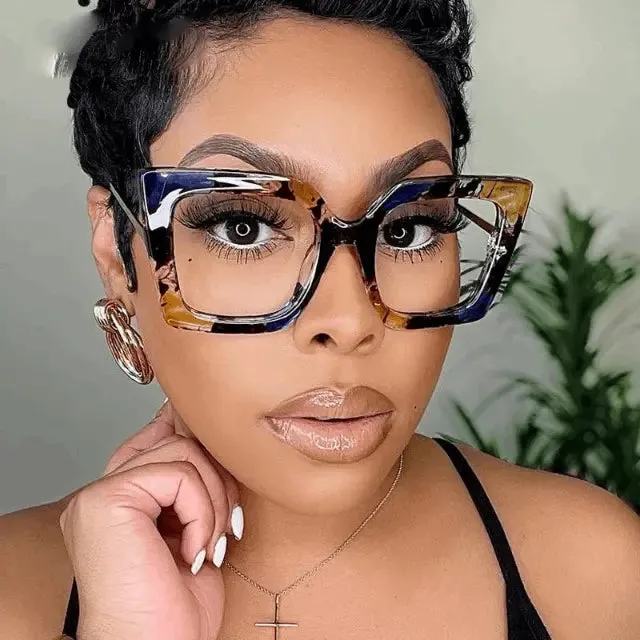 Square eyeglass frames, luxurious design for women, large size clear lenses, fashionable