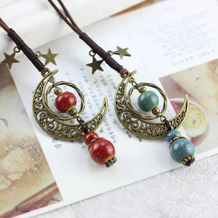 Star And Moon Ceramic Beads Chain Wind Pendant Necklace