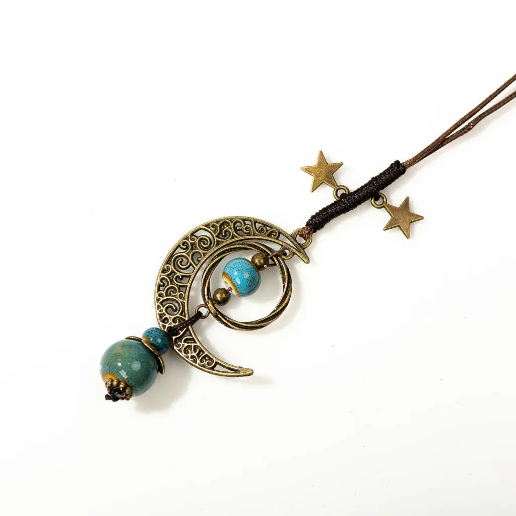 Star And Moon Ceramic Beads Chain Wind Pendant Necklace