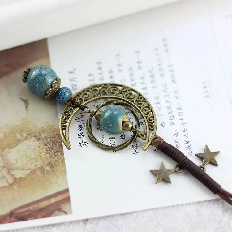Star And Moon Ceramic Beads Chain Wind Pendant Necklace