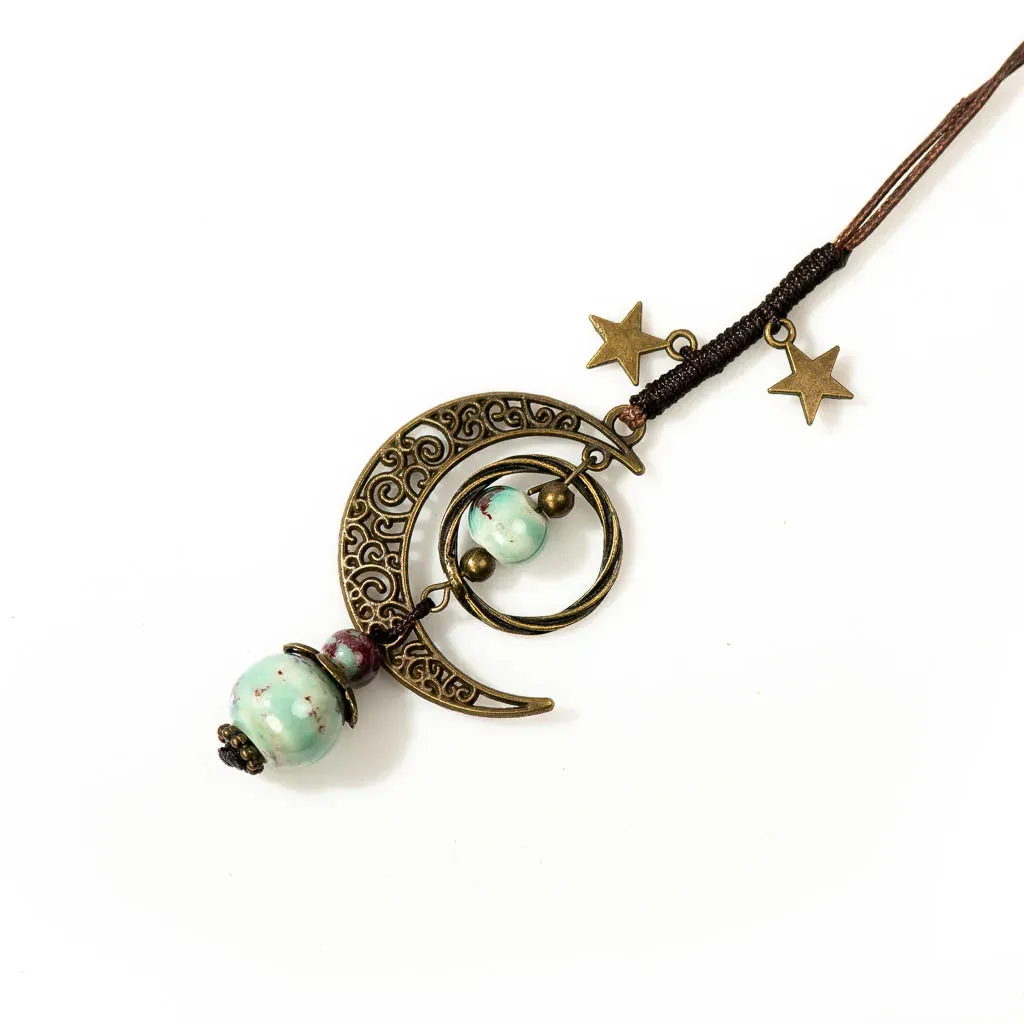 Star And Moon Ceramic Beads Chain Wind Pendant Necklace