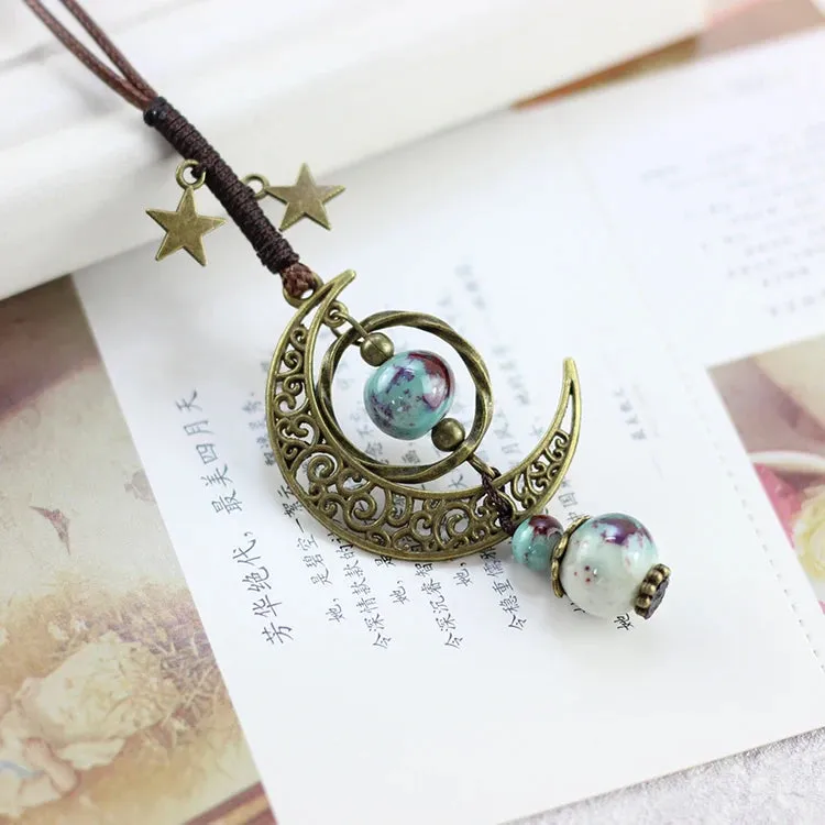 Star And Moon Ceramic Beads Chain Wind Pendant Necklace