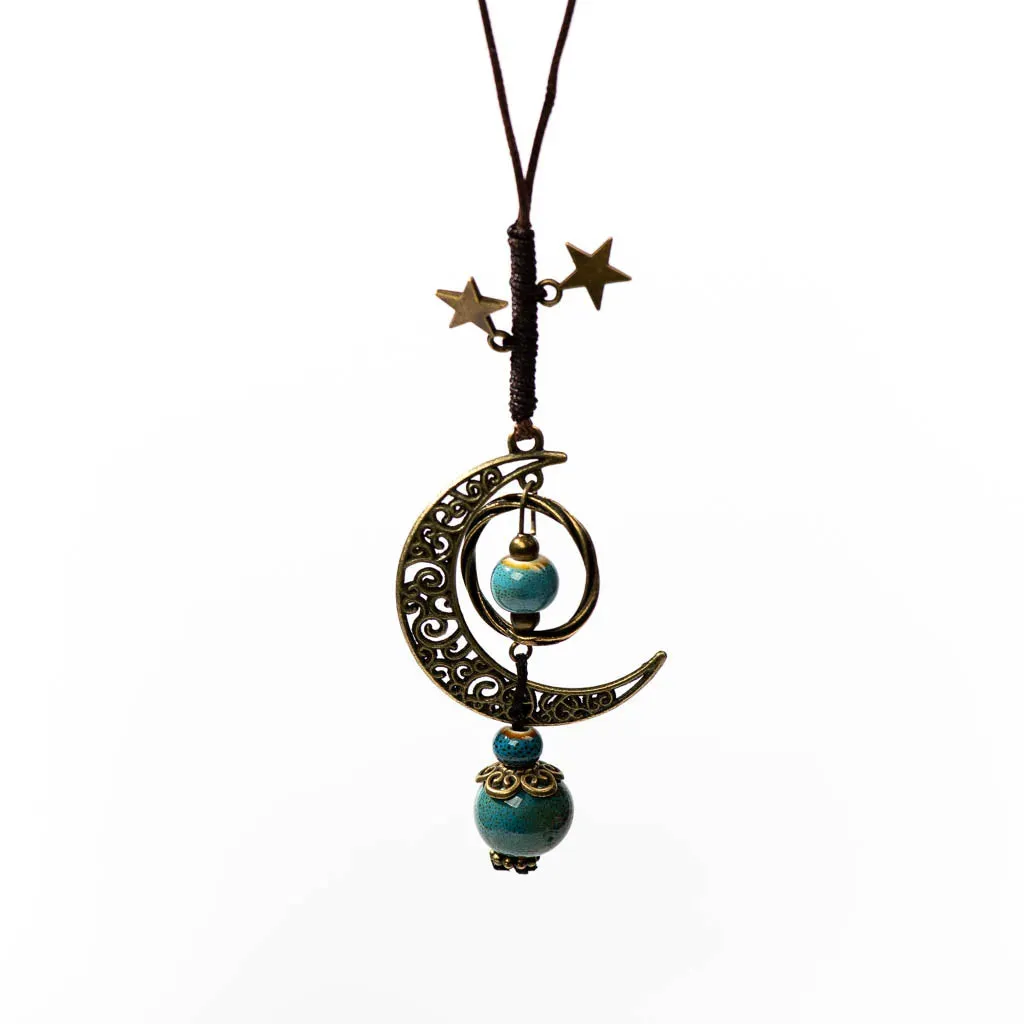 Star And Moon Ceramic Beads Chain Wind Pendant Necklace