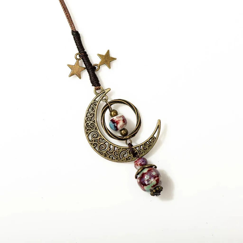 Star And Moon Ceramic Beads Chain Wind Pendant Necklace