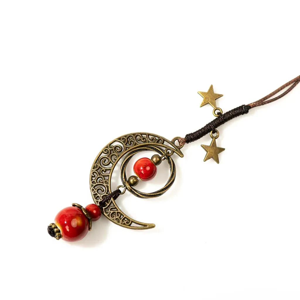 Star And Moon Ceramic Beads Chain Wind Pendant Necklace