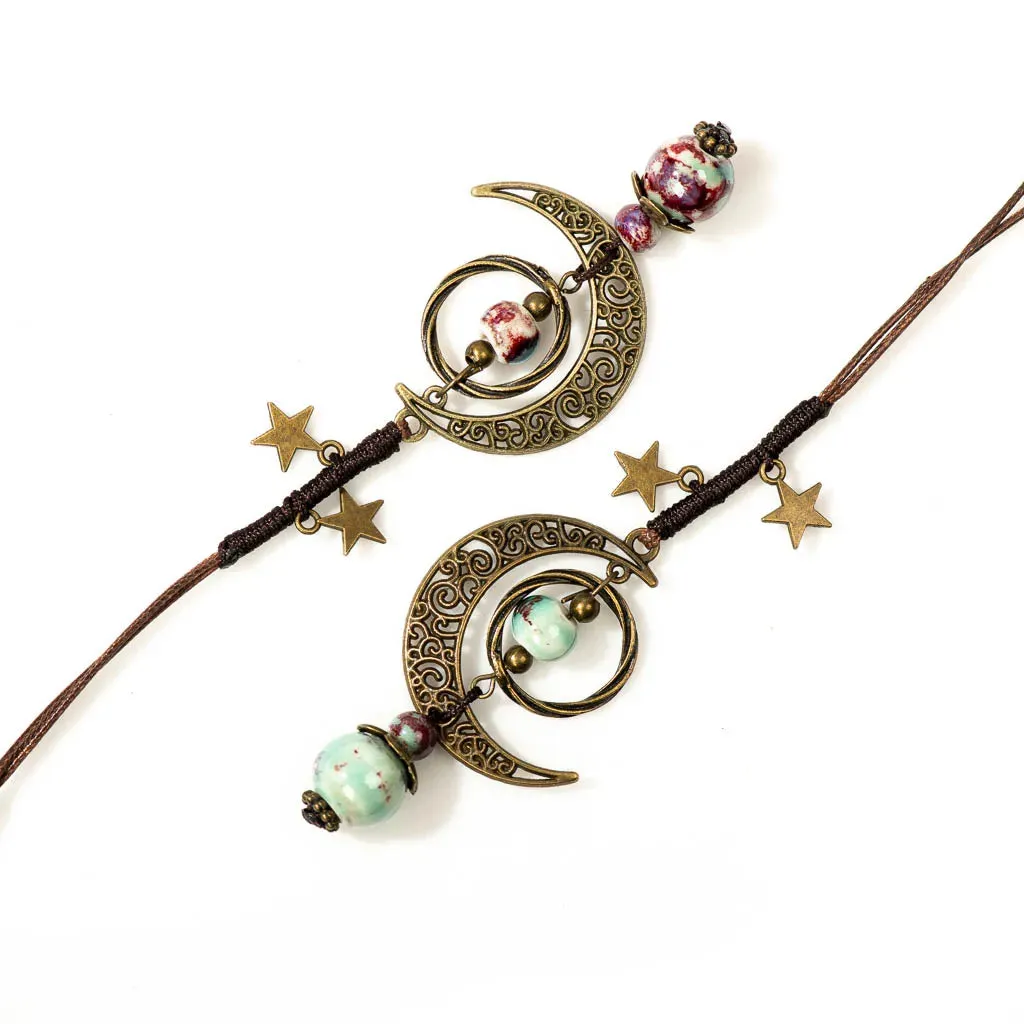Star And Moon Ceramic Beads Chain Wind Pendant Necklace
