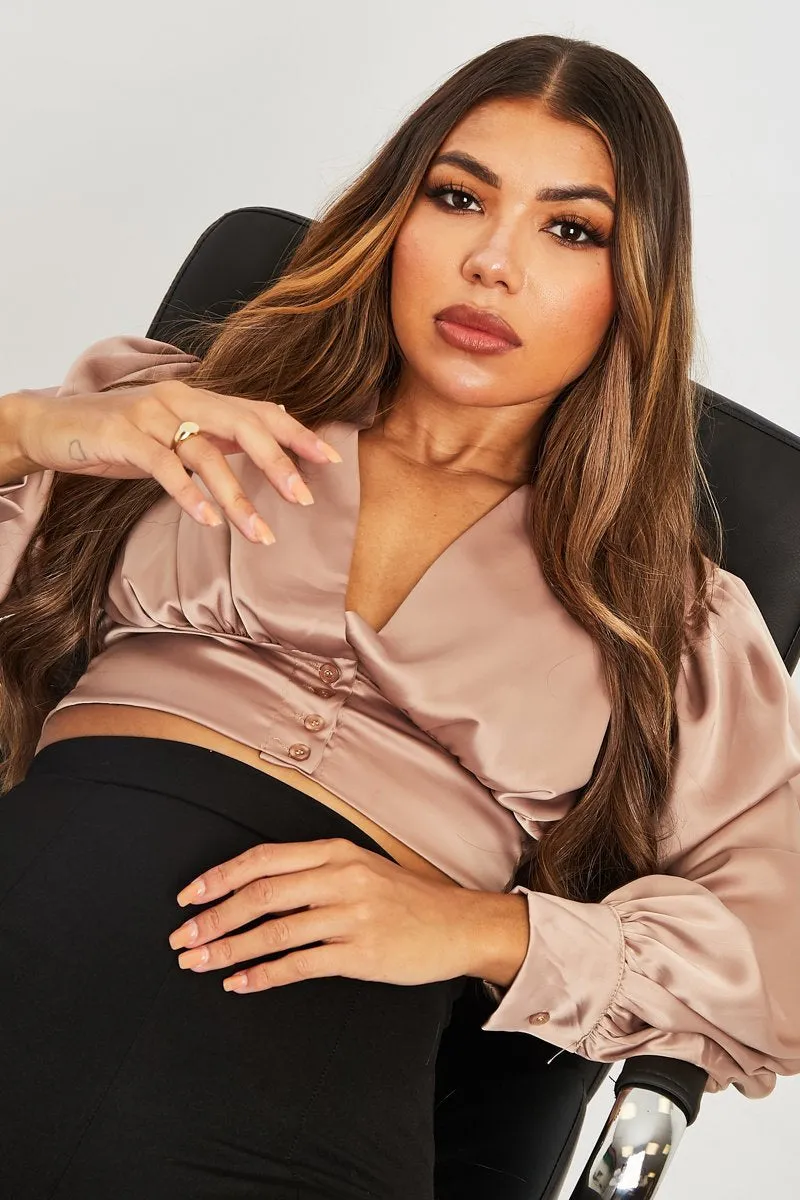 Stone Button Front Plunge Satin Crop Top - Khali