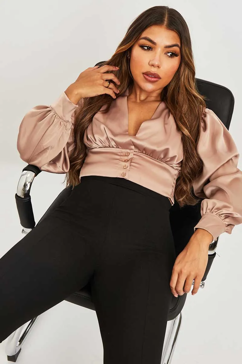 Stone Button Front Plunge Satin Crop Top - Khali