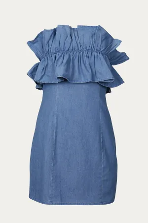 STRAPLESS RUFFLED DENIM MINI DRESS