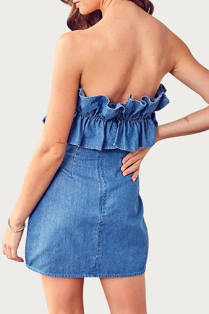 STRAPLESS RUFFLED DENIM MINI DRESS