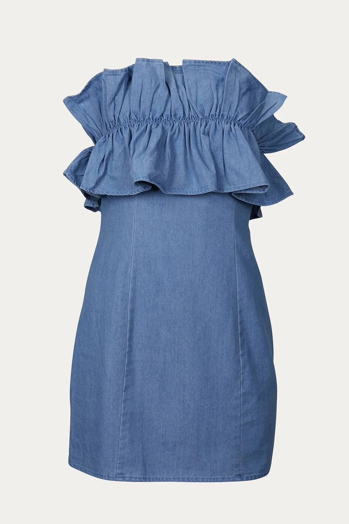 STRAPLESS RUFFLED DENIM MINI DRESS