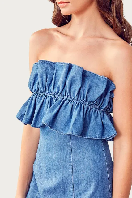 STRAPLESS RUFFLED DENIM MINI DRESS