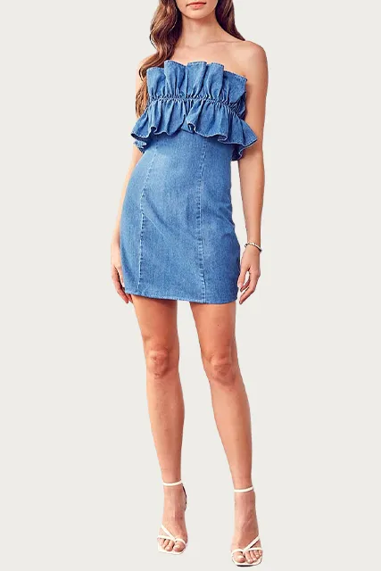 STRAPLESS RUFFLED DENIM MINI DRESS