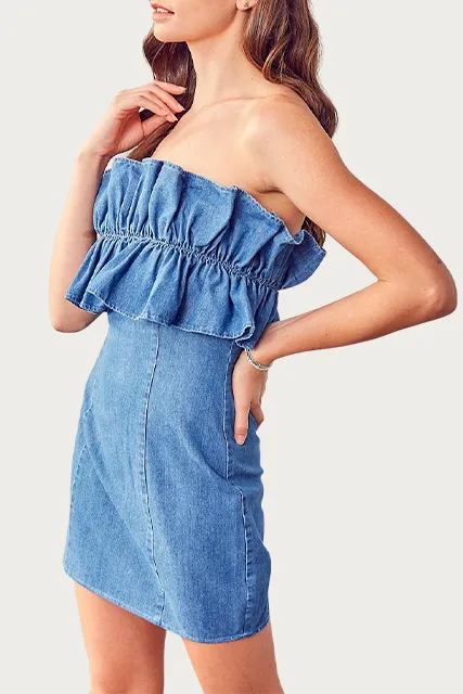 STRAPLESS RUFFLED DENIM MINI DRESS