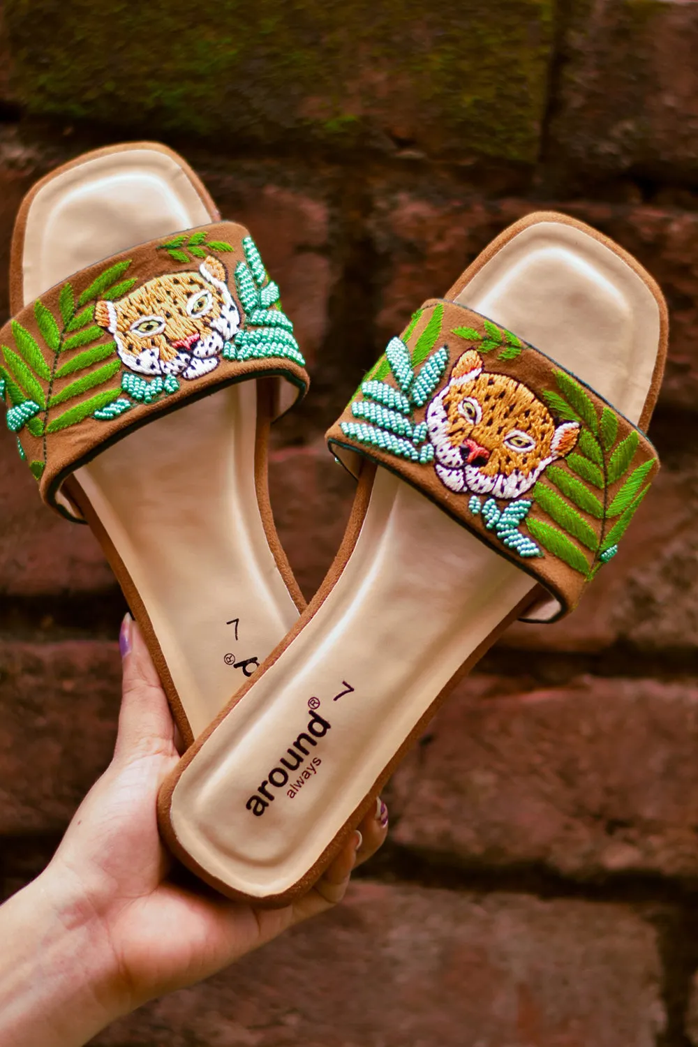 Suede Hand Embroidered Brown Sliders