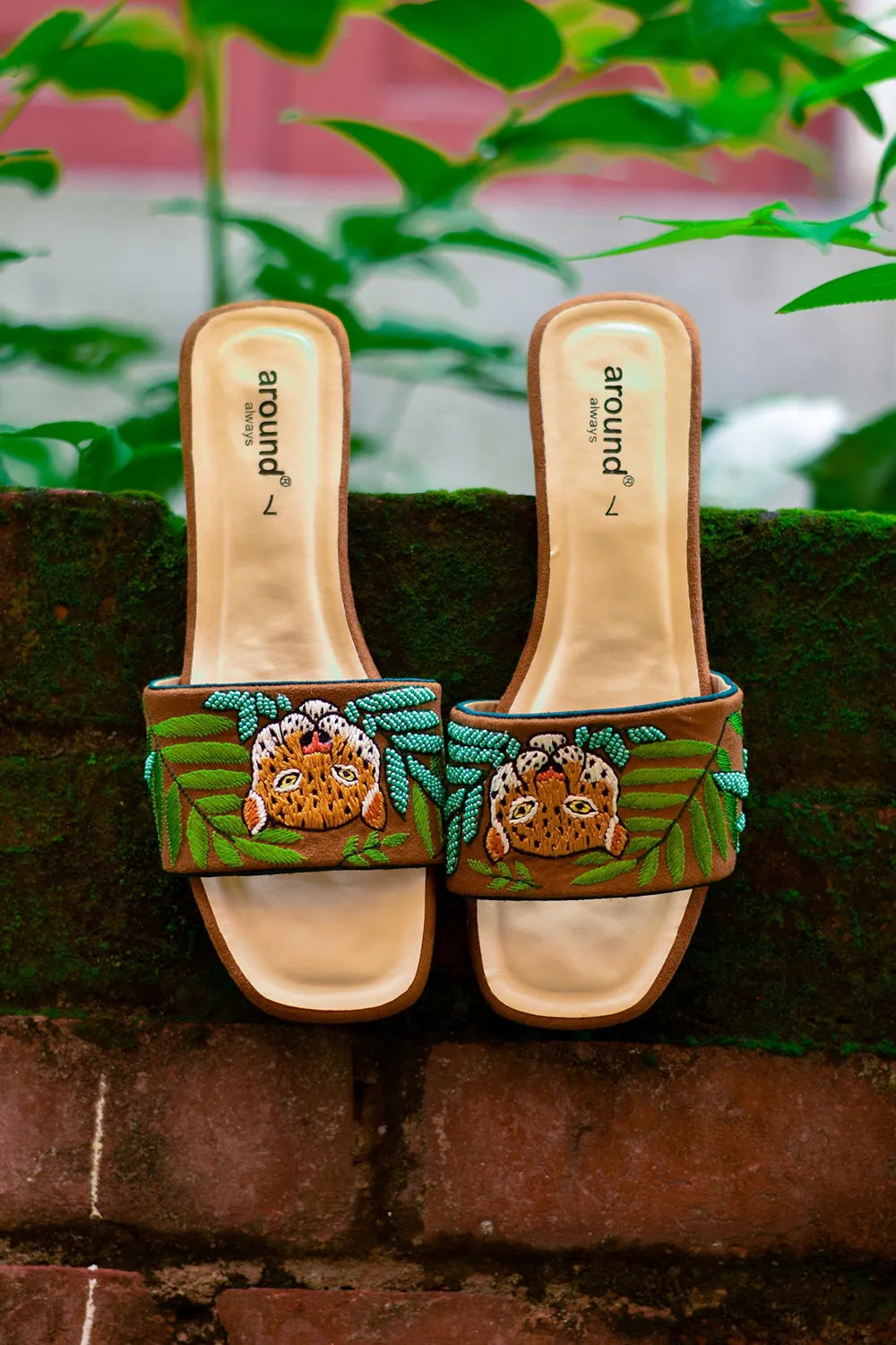 Suede Hand Embroidered Brown Sliders