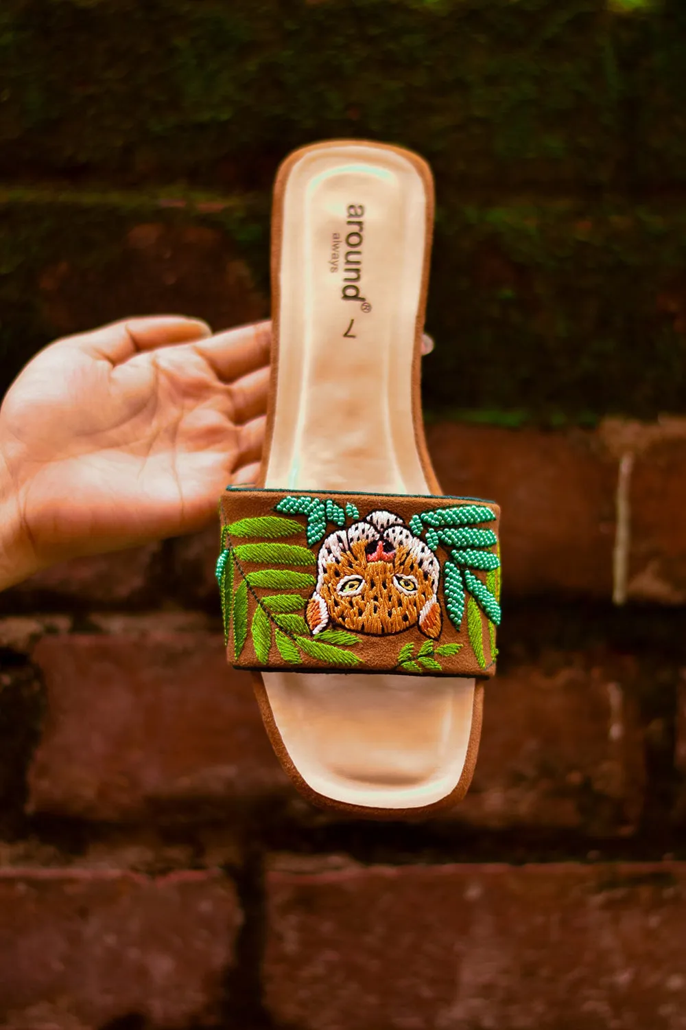 Suede Hand Embroidered Brown Sliders