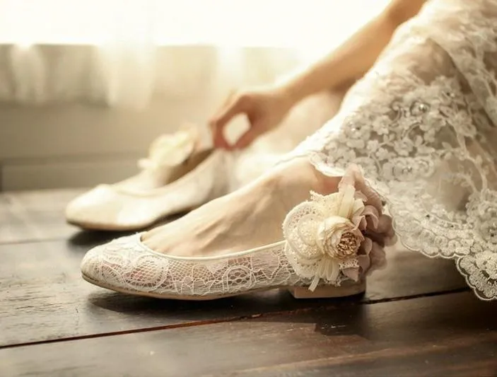 Sweet Princess Lace Pointed Toes Wedding Bridal Shoes With Handmade Flower, SY0138