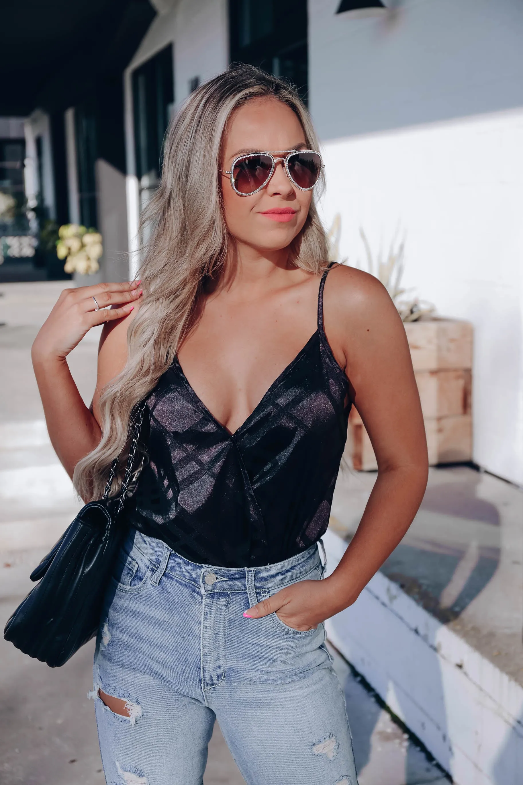 Tamara Printed Surplice Bodysuit - Black