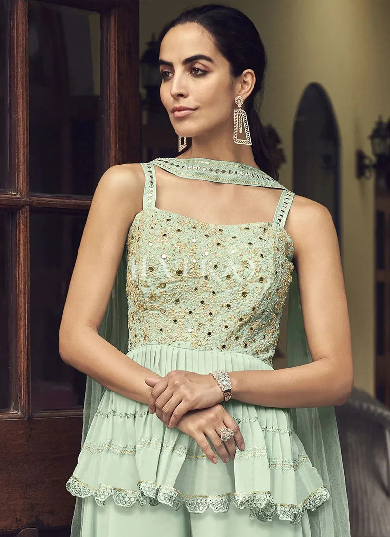 Teal Blue Embroidered Sharara Style Suit