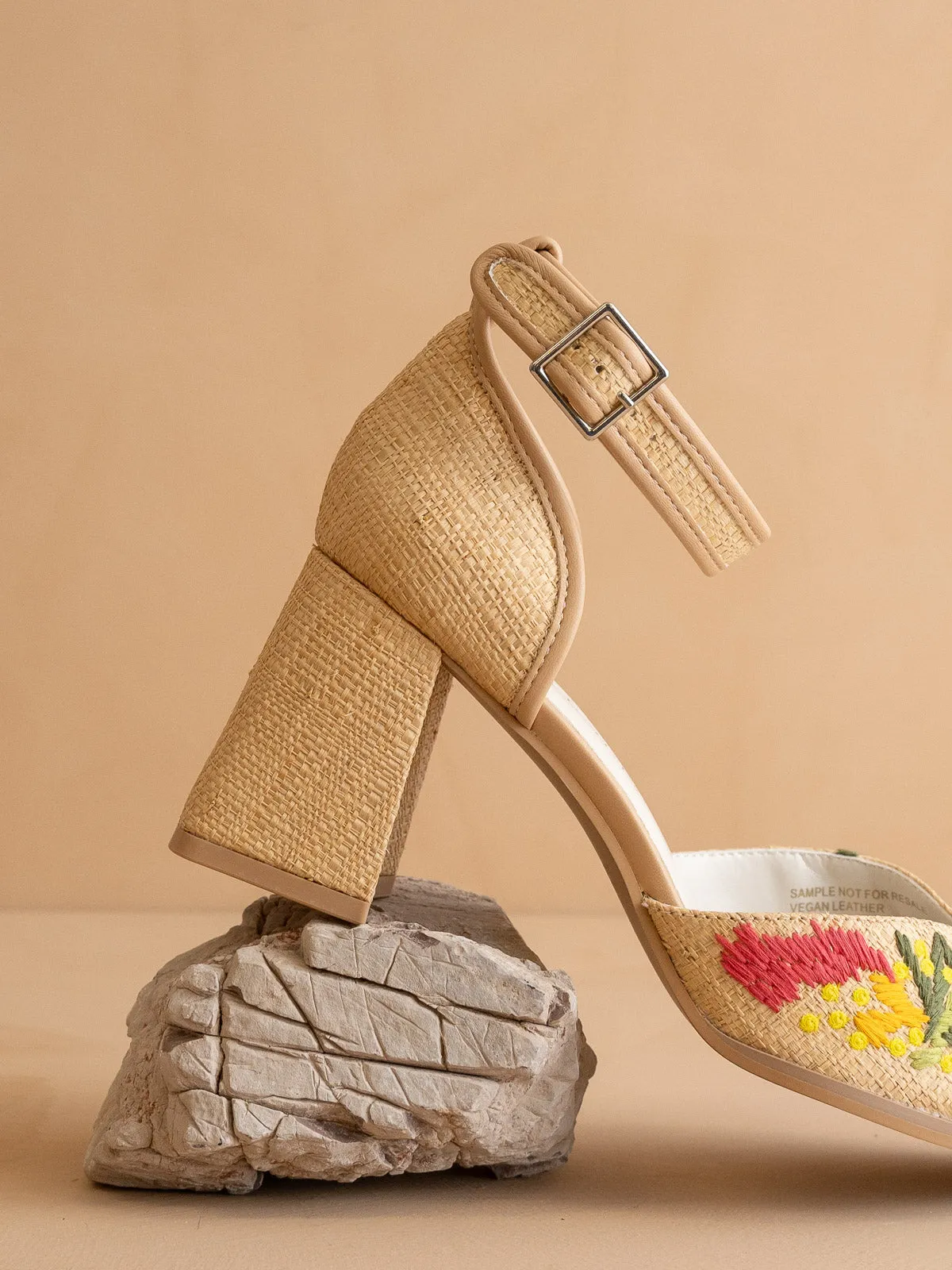 The Monet | Wheat Embroidered Raffia Block Heel