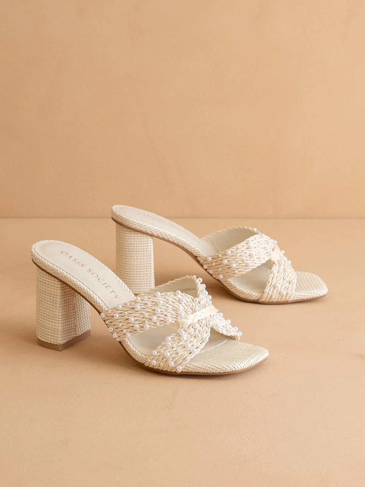 The Tiara | White Pearl Embroidered Raffia Block Heel