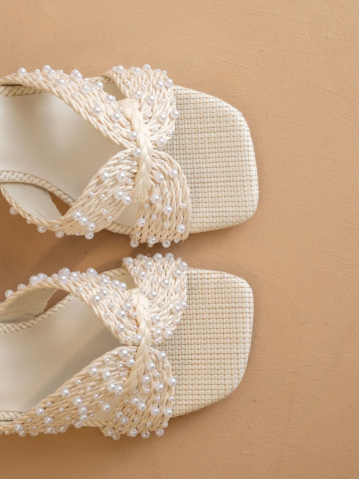 The Tiara | White Pearl Embroidered Raffia Block Heel
