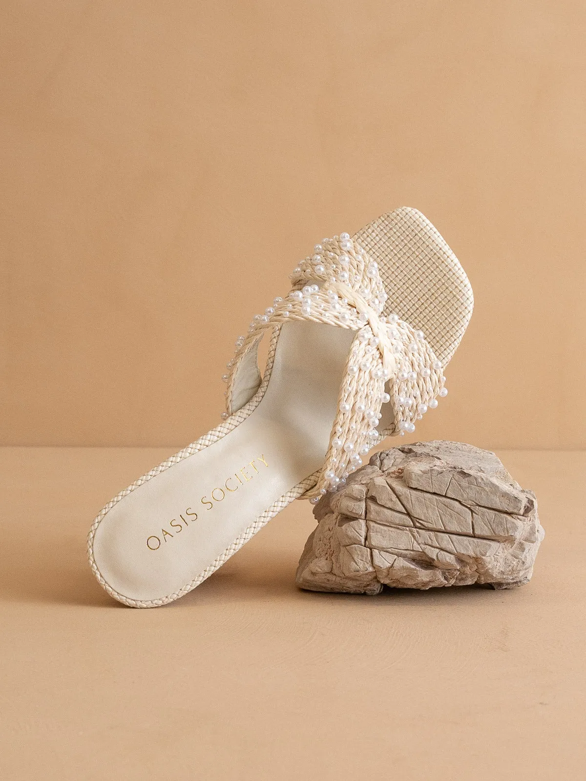 The Tiara | White Pearl Embroidered Raffia Block Heel