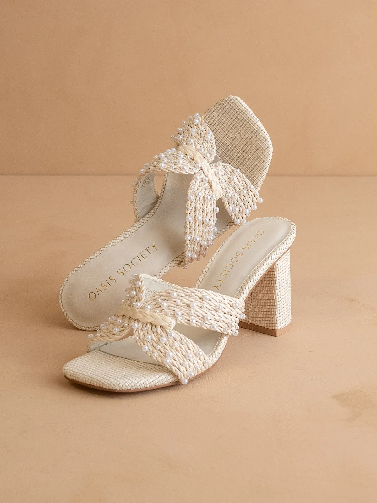 The Tiara | White Pearl Embroidered Raffia Block Heel