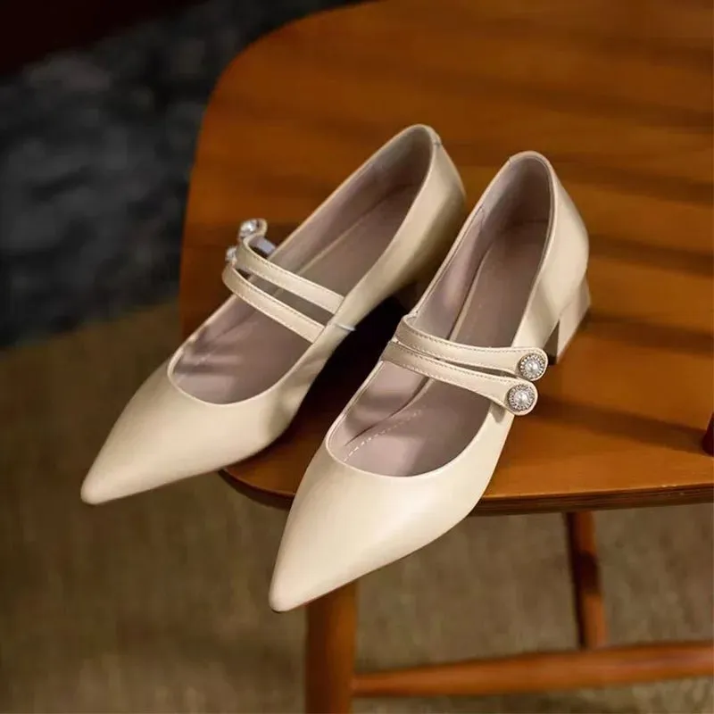 Thick Middle Heels Women's Leather Mary Janes Soft Casual Leather Shoes
