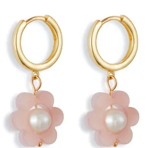 TooLally Flower Pearl Huggie Hoop Earrings - Pink