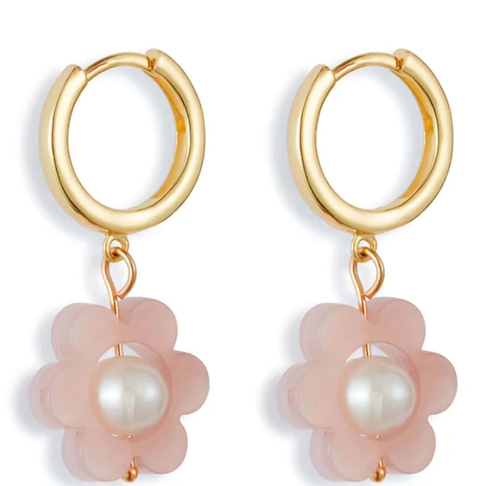 TooLally Flower Pearl Huggie Hoop Earrings - Pink