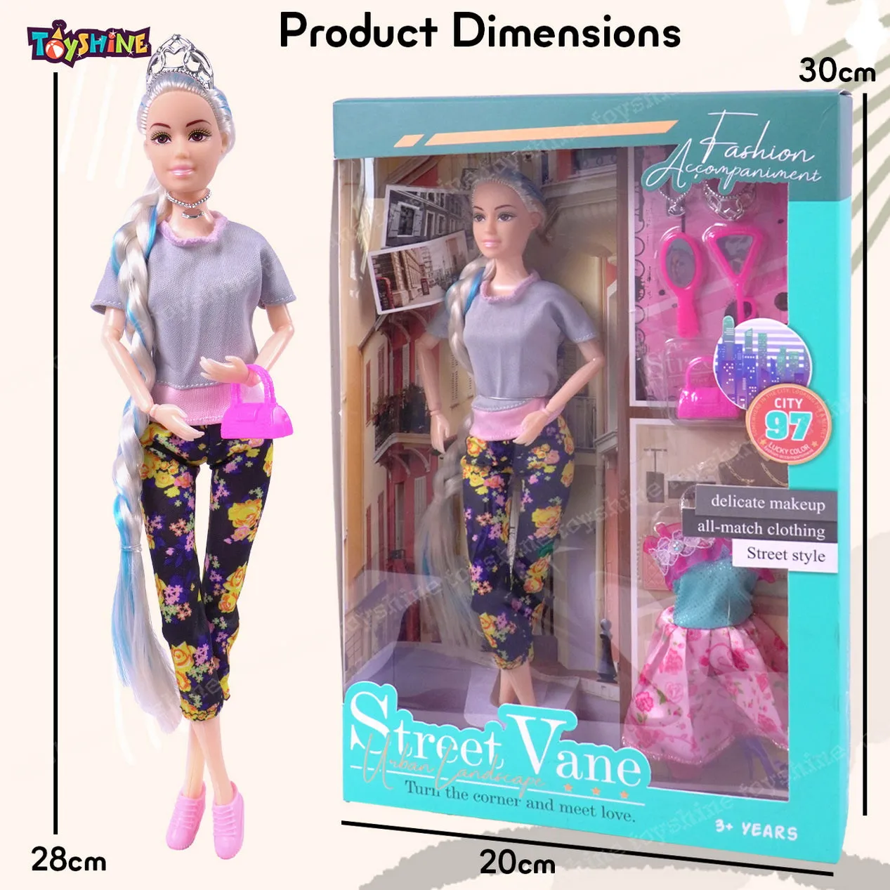 Toyshine Beauty Doll Street Vane with Fashion Accessory Pretend Play Gift for Girls Kids Role Play Toy for Age 3  Grey