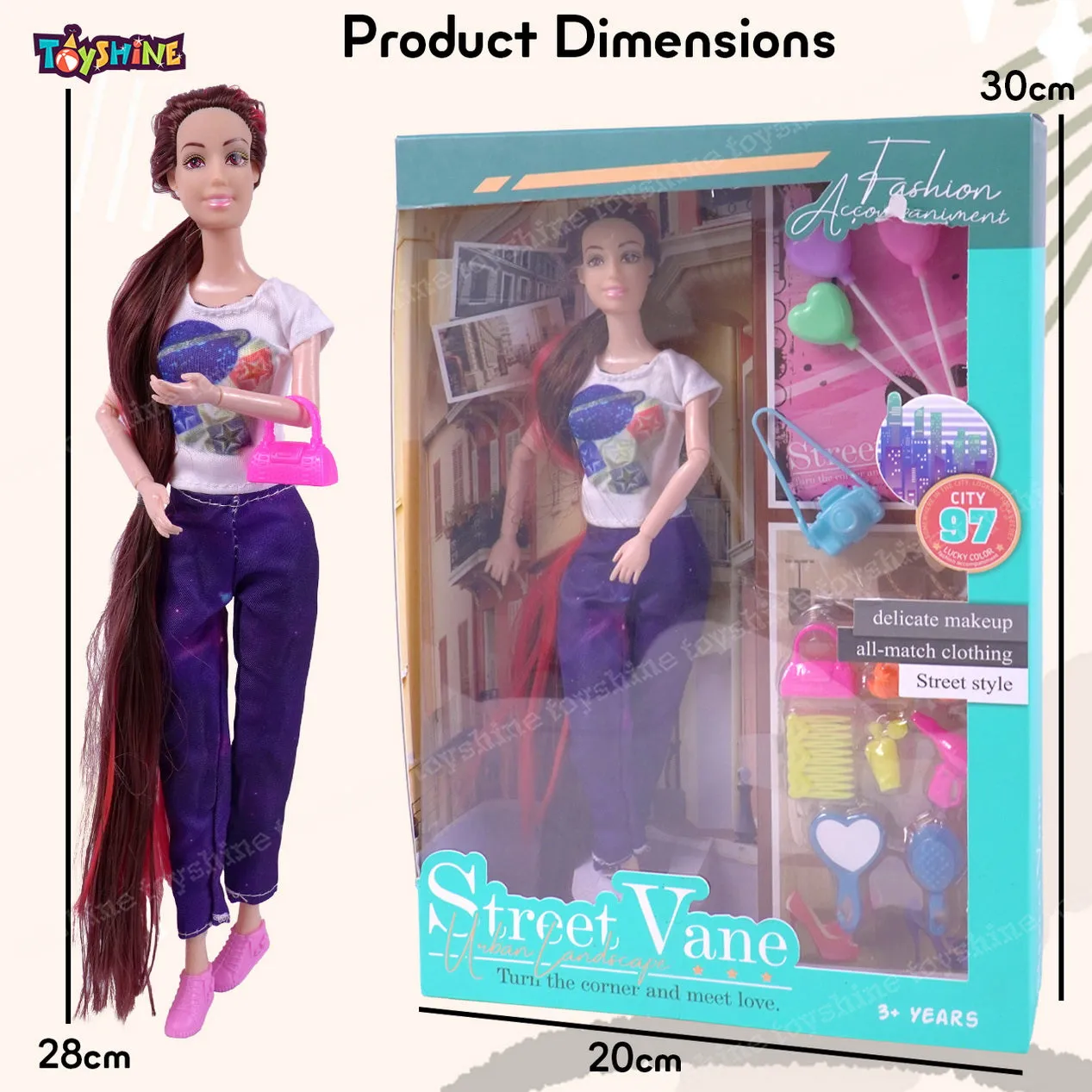 Toyshine Beauty Doll Street Vane with Fashion Accessory Pretend Play Gift for Girls Kids Role Play Toy for Age 3  Multicolor