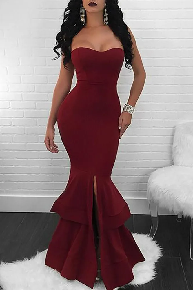 Trumpet/Mermaid Prom Dresses Sleeveless Long Satin Prom Dress Slit Sexy Evening Dress OHC253