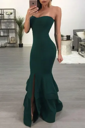 Trumpet/Mermaid Prom Dresses Sleeveless Long Satin Prom Dress Slit Sexy Evening Dress OHC253