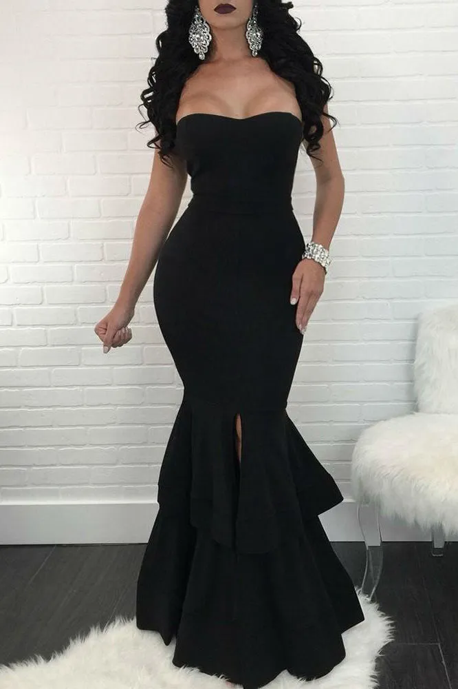 Trumpet/Mermaid Prom Dresses Sleeveless Long Satin Prom Dress Slit Sexy Evening Dress OHC253
