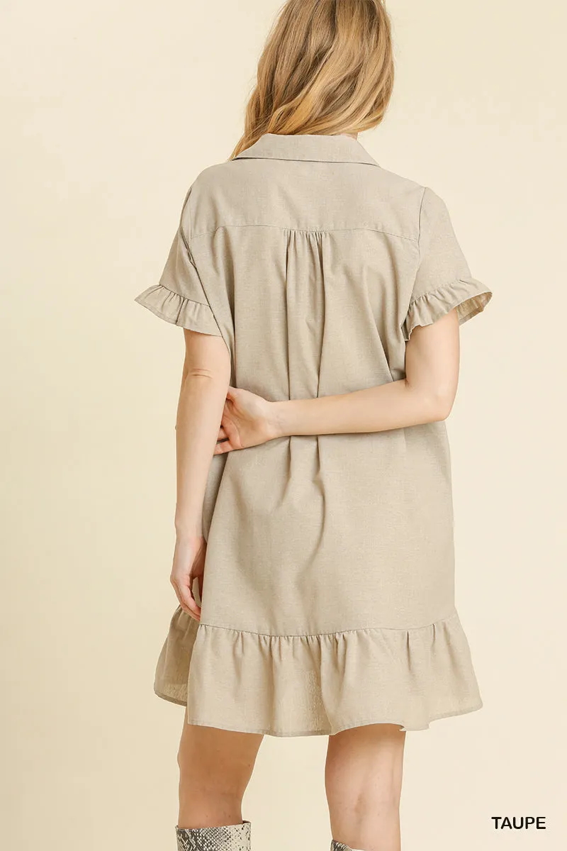 TSS Collared V-Neck Short Sleeve Babydoll Dress with Ruffle Hem (Taupe)