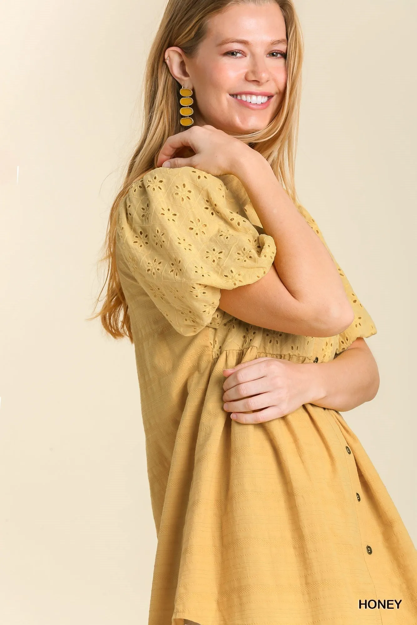 TSS Eyelet Puff Sleeve Collared Button Up Tunic (Honey
