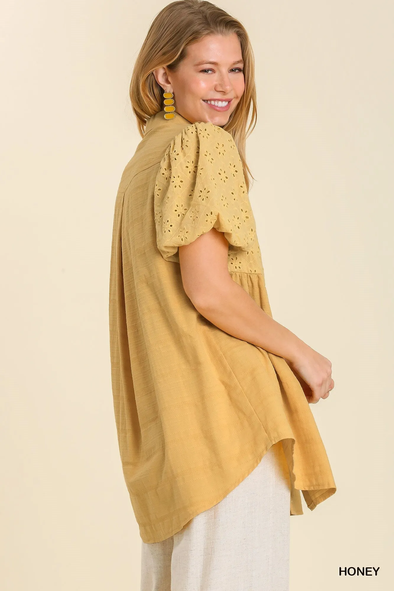 TSS Eyelet Puff Sleeve Collared Button Up Tunic (Honey