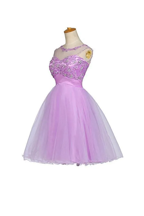 Tulle Appliques Beads Open Back Short Purple Homecoming Dresses PG055