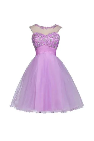 Tulle Appliques Beads Open Back Short Purple Homecoming Dresses PG055