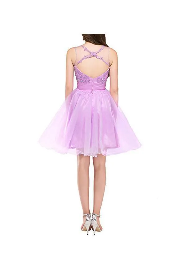 Tulle Appliques Beads Open Back Short Purple Homecoming Dresses PG055