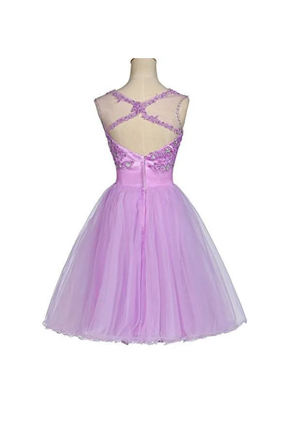 Tulle Appliques Beads Open Back Short Purple Homecoming Dresses PG055